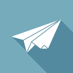 paper plane. origami glider. White flat icon with long shadow on background