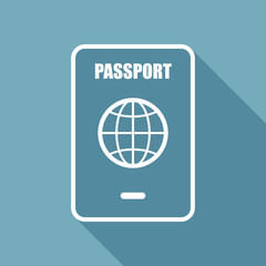passport, simple icon. White flat icon with long shadow on background