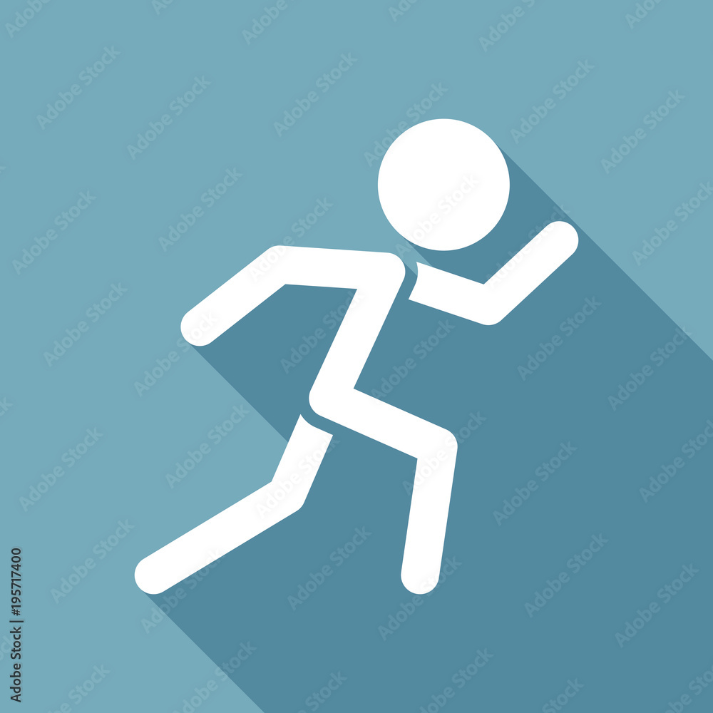 Poster running man. simple icon. white flat icon with long shadow on background