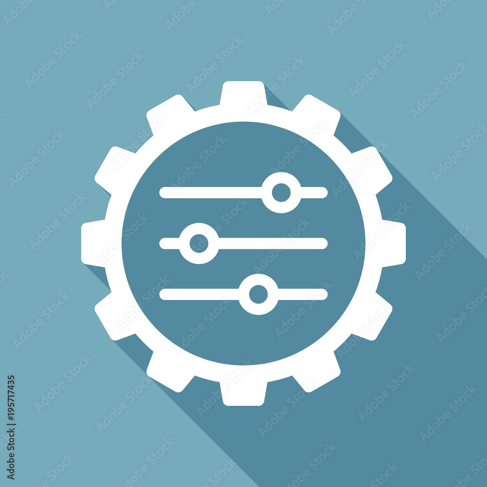 Poster setting icon in gear. white flat icon with long shadow on background