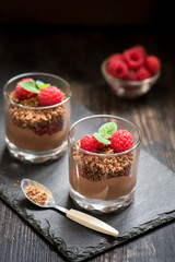 Chocolate dessert with raspberries