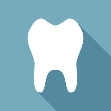 tooth. simple icon. White flat icon with long shadow on background
