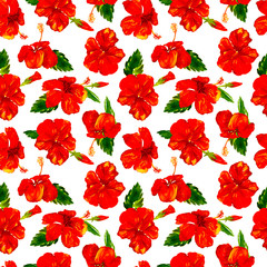 Watercolor Seamless Pattern. Hand Painted Illustration of Tropical Leaves and Flowers. Tropic Summer Motif with Hibiscus Pattern.