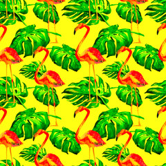 Watercolor Seamless Pattern. Hand Painted Illustration of Tropical Leaves and Flowers. Tropic Summer Motif with Tropical Pattern.