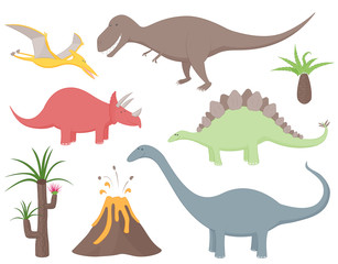 Set of dinosaurs including Tyrannosaurus Rex, Stegosaurus, Triceratops, Diplodocus, Pteradactyl, prehistoric plants and volcano. Isolated from background. Vectors in ai and eps(10) format.