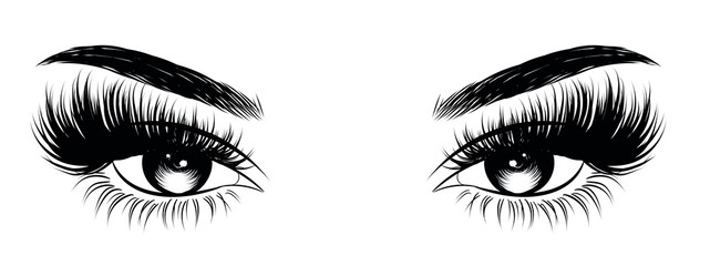 Illustration of woman's sexy luxurious eye with perfectly shaped eyebrows and full lashes. Hand-drawn Idea for business visit card, typography vector. Perfect salon look. - obrazy, fototapety, plakaty