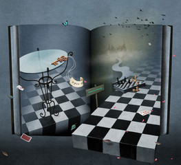 Conceptual fantasy illustration or poster with  book Wonderland.  - obrazy, fototapety, plakaty