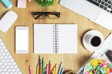 Contemporary workplace with device and supplies