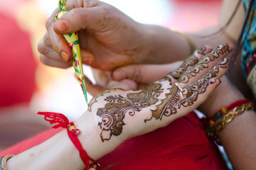 applying henna on hand, Hindu wedding ,Rajasthan, India