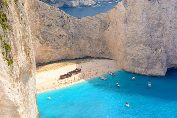 Beautiful blue sea and cliffs. Navagio Beach in Zakynthos island, Greece