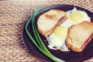 A scrambled eggs on a brown plate.