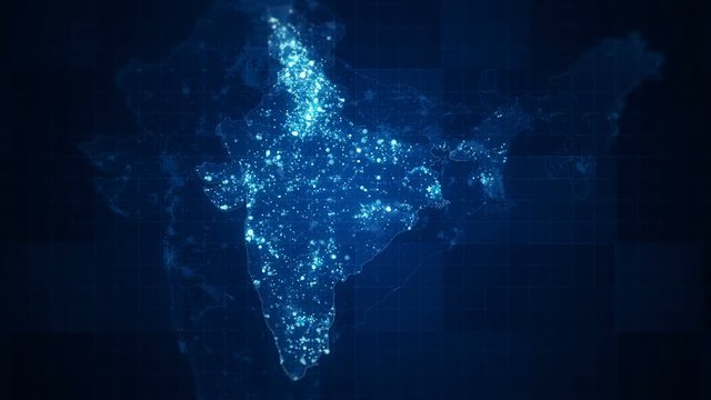 Looped animated India map with visual effects and glowing lighting elements in different places at night  on the map. Perfect for slideshows, presentation, trailers, sci-fi openers and etc.