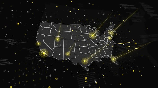 USA Map Global Connections. Animation of the USA map with global connections in different points of the map. Animation includes camera rotation, fantastic visual effects, luminous connections.