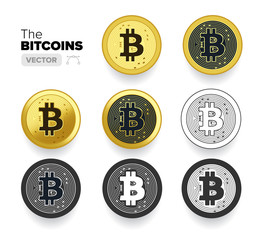 Fototapeta premium Set of Bitcoin Coins in the form of gold, simple and line icons in vector