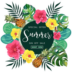 Summer Sale tropical Banner Background.