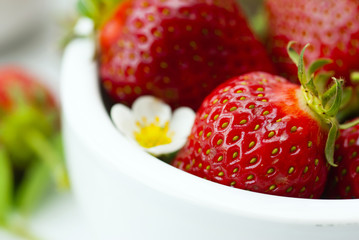 strawberry fruits with jam and whipped cream dessert on white wood table background