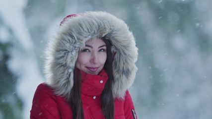 Woman wearing a winter jacket with fur hood