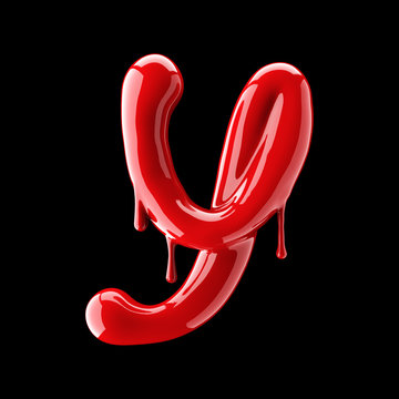 Leaky red alphabet on black background. Handwritten cursive letter Y.
