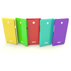 Multi-colored covers for smartphones on a white isolated background
