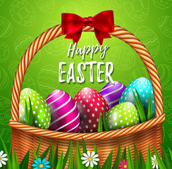 Realistic Easter basket with red bow and colorfull Easter eggs, with grass and flowers in field with seamless ornament.  Happy Easter Vector illustration greeting card ads, web-banner, promotion