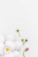 Fototapeta na wymiar Spring Easter background with white eggs Daisy flowers