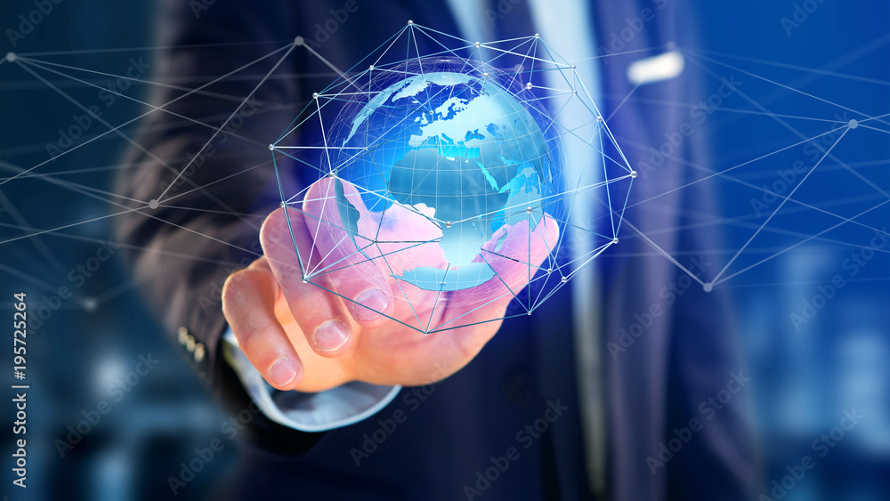 Poster businessman holding a connected network over a earth globe concept on a futuristic interface - 3d re