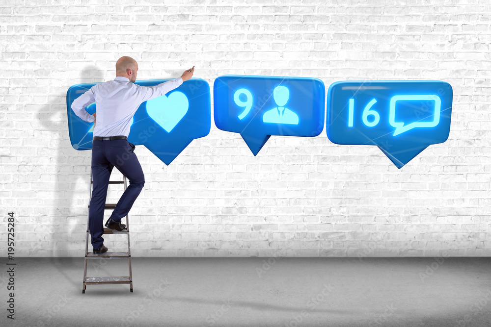 Poster businessman in front of a wall with a like, follower and message notification on social network - 3d