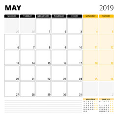 Calendar planner for May 2019. Stationery design template. Week starts on Monday. 3 months on the page. Vector illustration