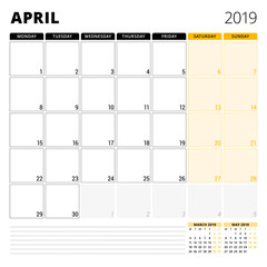 Calendar planner for April 2019. Stationery design template. Week starts on Monday. 3 months on the page. Vector illustration
