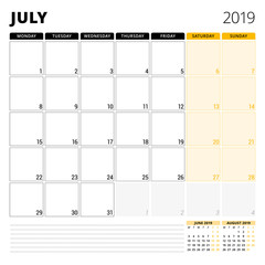 Calendar planner for July 2019. Stationery design template. Week starts on Monday. 3 months on the page. Vector illustration