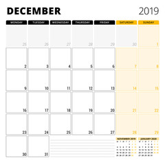 Calendar planner for December 2019. Stationery design template. Week starts on Monday. 3 months on the page. Vector illustration