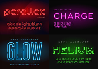 Set of glowing neon vector typefaces, alphabets, letters, fonts,