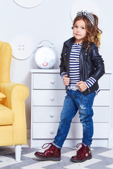 Fashion style clothes for child small little girl wear strip t-shirt denim jeans lather jacket...