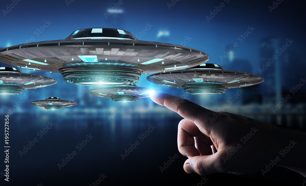 Aufkleber businessman with retro ufo spaceship 3d rendering