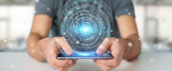 Businessman using digital network connection interface 3D rendering