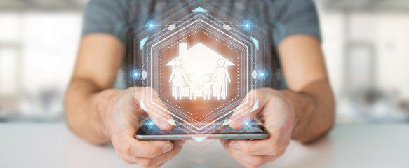 Businessman using family care insurance application 3D rendering