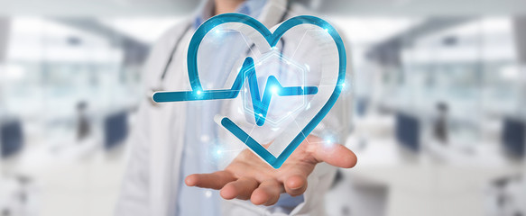 Doctor holding heartbeat digital interface 3D rendering