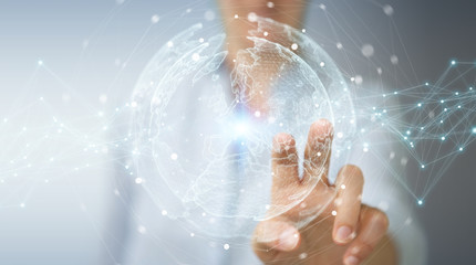 Businesswoman using planet earth network sphere 3D rendering