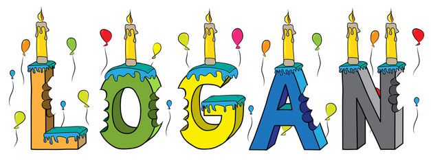 Logan male first name bitten colorful 3d lettering birthday cake with candles and balloons
