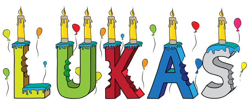 Lukas male first name bitten colorful 3d lettering birthday cake with candles and balloons