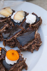 Delicious sweets. Dessert plate. Bakery and restaurant deserts. Sweet food, buffet. Unhealthy food. Pieces of cake. Delicious