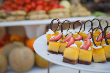 Delicious sweets. Dessert plate. Bakery and restaurant deserts. Sweet food, buffet. Unhealthy food. Pieces of cake. Delicious