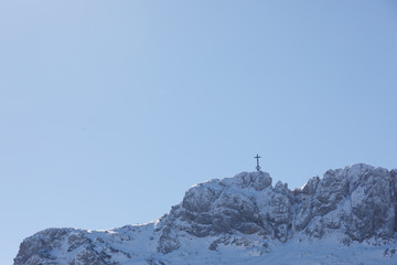 summit of mountain kampenwand on a sunny winter day, bavaria,