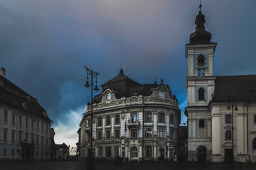 Sibiu old buildings in the big square at dusk