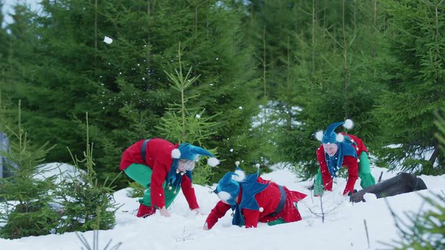 Christmas elves having a snowball fight