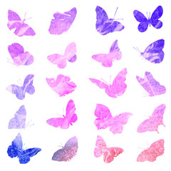 Silhouettes of butterflies in watercolor pink color.