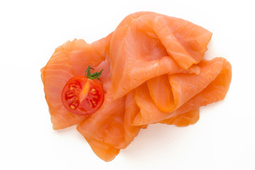 Fresh salmon slice and spice on the white background.