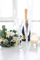 Beautiful wedding decoration with champagne and flowers, elegant