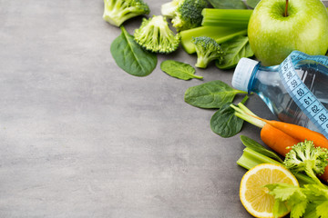 Fresh healthy vegetables, water. Health, sport and diet concept.