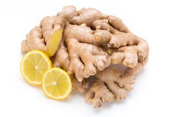 Ginger bio and lemon on white background.